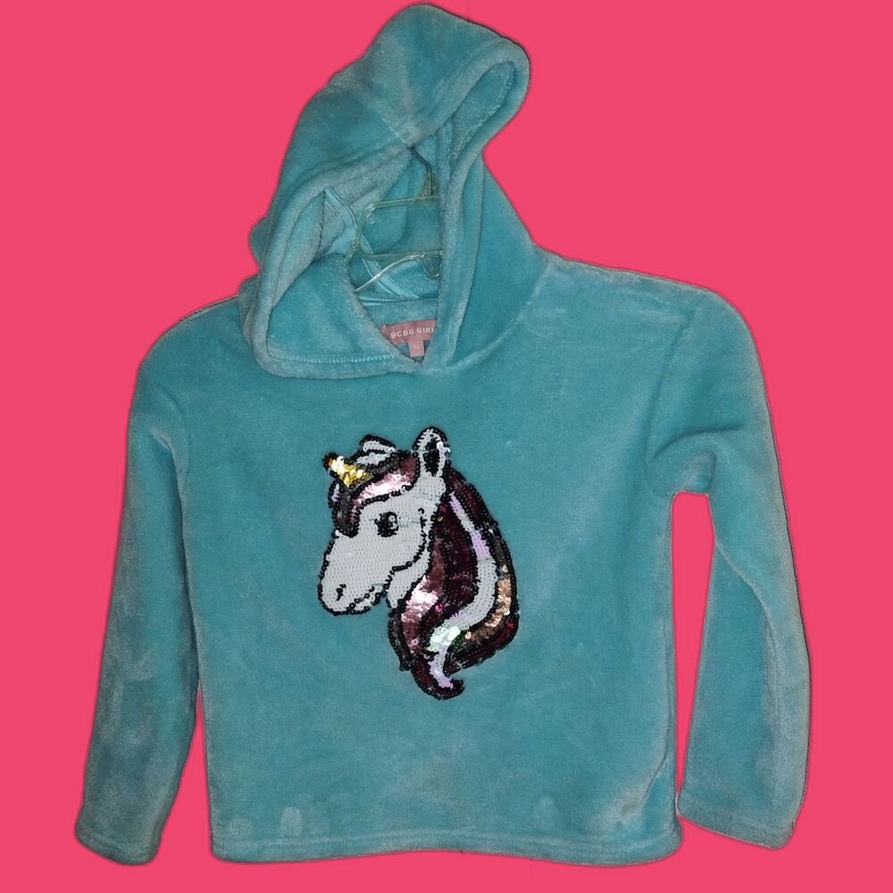 BCBG GIRLS Unicorn Sequin Fuzzy Blue Hoodie Size 5/6 XS Fall Winter Sparkly